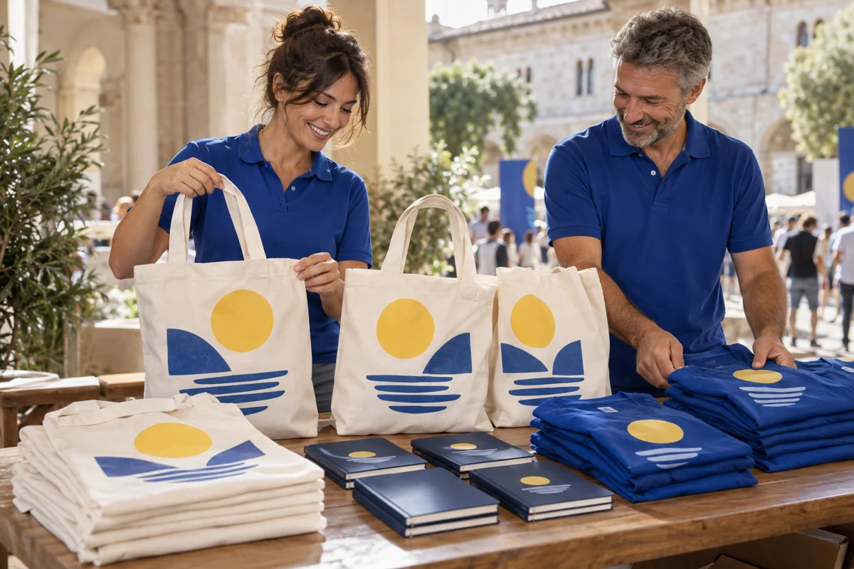 Organizzatori preparano shopper, magliette e quaderni con una grafica coordinata per un evento.