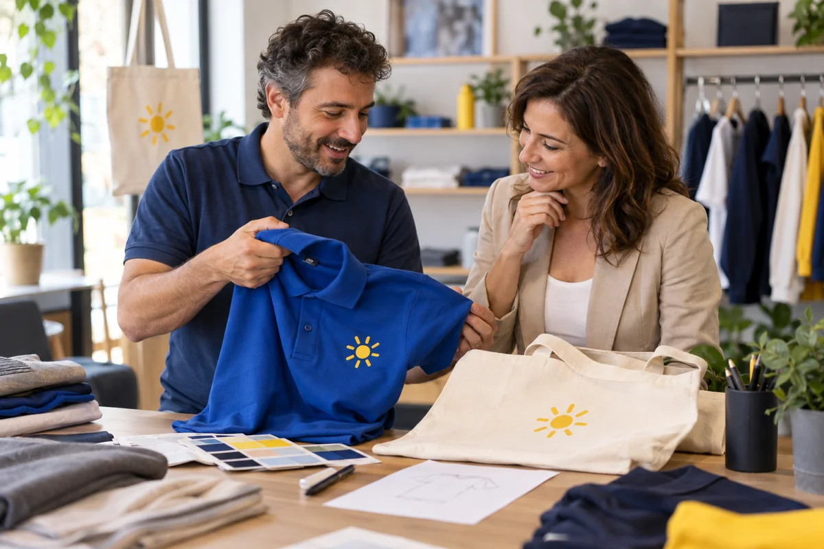 Confronto sui campioni di polo e shopper personalizzate per preparare una proposta di fornitura.