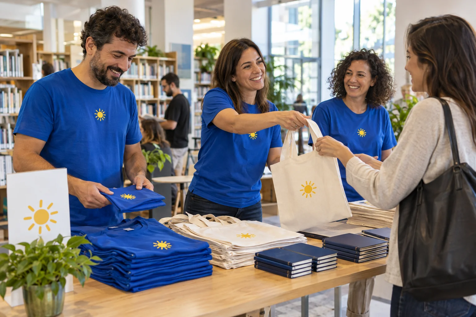Personale con magliette coordinate consegna una shopper durante un evento in biblioteca.