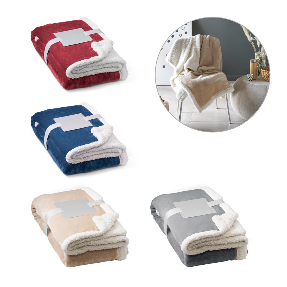 HEIDEN. Coperta reversibile in pile confezionata (190 g/m²) con nastro in raso e cartoncino personalizzabile