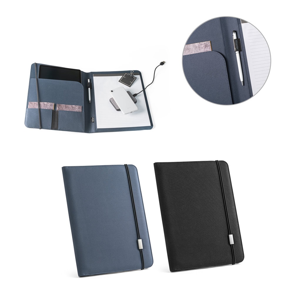 EMERGE FOLDER II. Cartella A4 in in poliestere riciclato (100% rPET) 300D con chiusura ad elastico