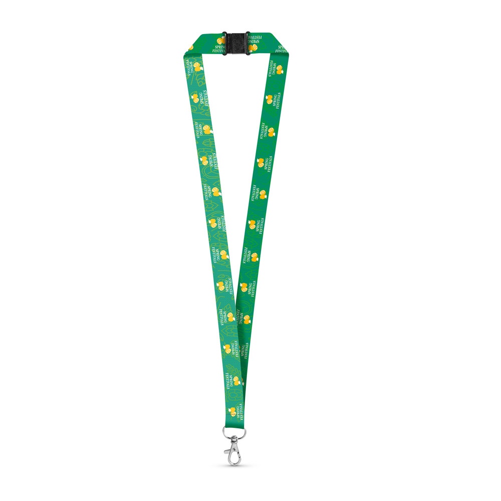DOVER. SET Lanyard SUBLIMATION Long II (20 mm) in poliestere riciclato (100% rPET) con moschettone a leva da 20 mm e chiusura di sicurezza