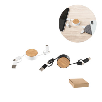RUBINS. Cavo USB retrattile 6 in 1 in ABS riciclato (100% rABS) e bambù - RUBINS. Cavo USB retrattile 6 in 1 in ABS riciclato (100% rABS) e bambù