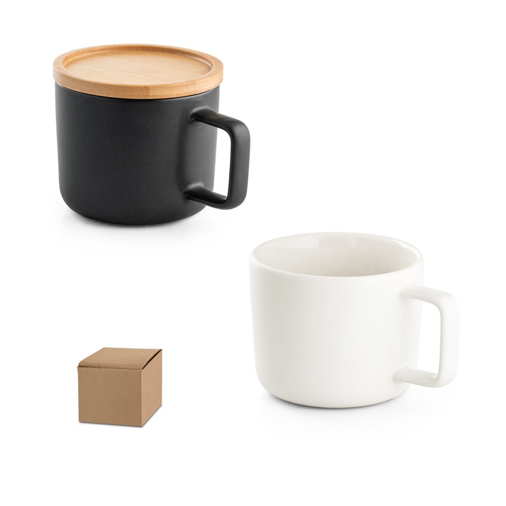 FANGIO. Tazza in ceramica da 220 mL con tappo e base in bambù
