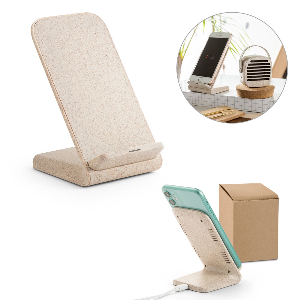 ENGLERT. Supporto per smartphone con caricatore wireless veloce da 10W in ABS riciclato (70% rABS) e fibra di paglia