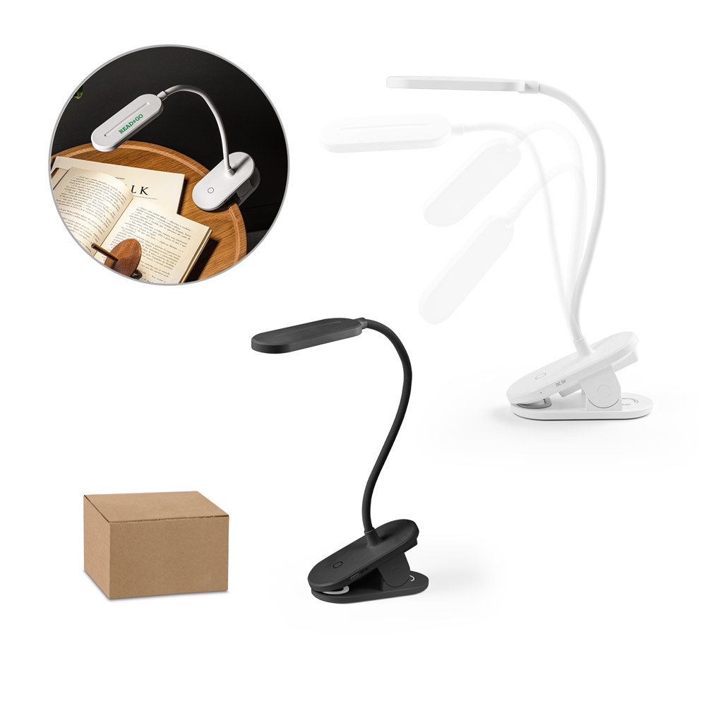 NESBIT II. Lampada portatile da tavolo con clip e autonomia di 30 ore al 65% rABS