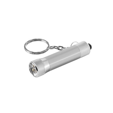 RE-LERGAN. Portachiavi in ​​alluminio (riciclato al 92%) con torcia LED a 3 luci - 127 - Cromato satinato