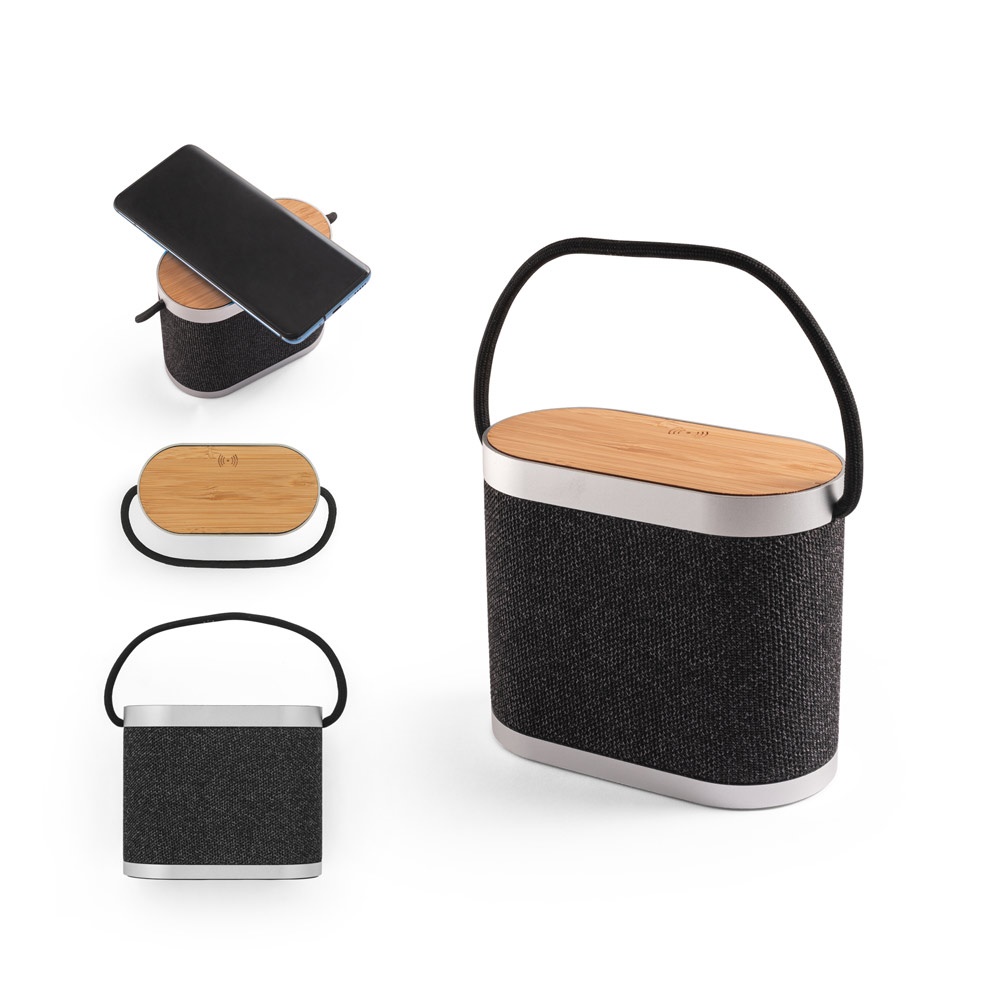 GUETTA. Altoparlante portatile da 5W con caricatore wireless superveloce da 15W e autonomia di 2 ore in bambù e PET riciclato (100% rPET)
