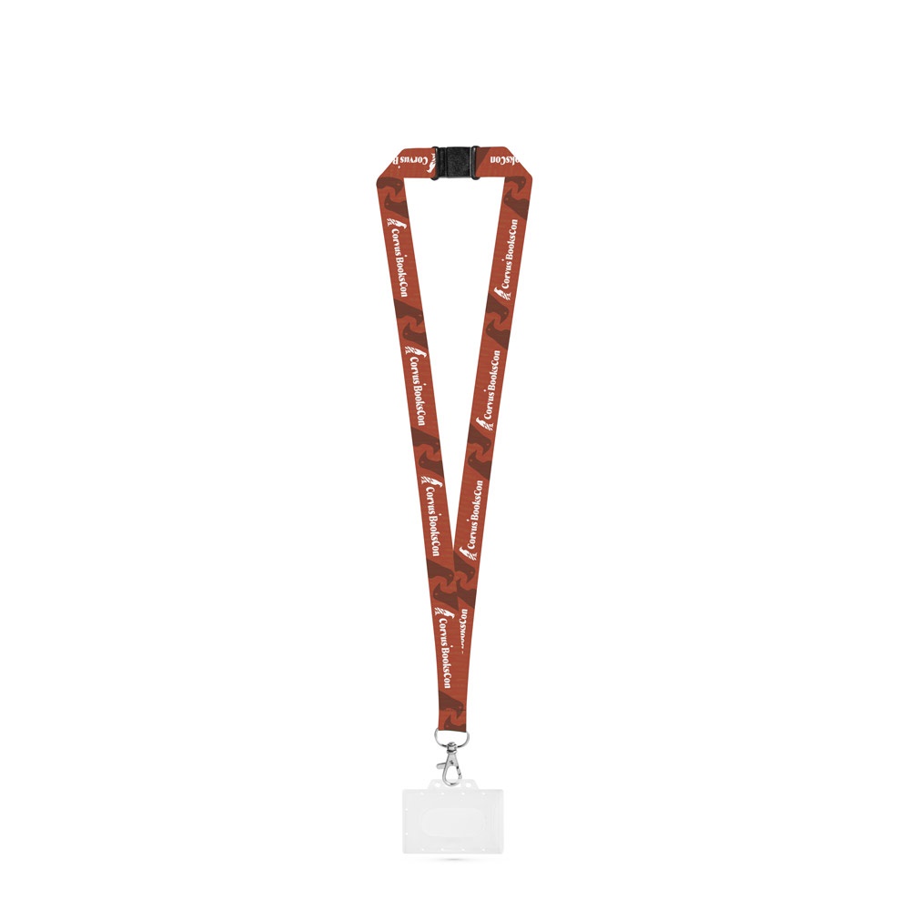 BARNSLEY. SET Lanyard SUBLIMATION Lungo II (20 mm) in poliestere riciclato (100% rPET) con moschettone da 20 mm, chiusura di sicurezza e porta badge/tessera rigido 91 x 68 mm
