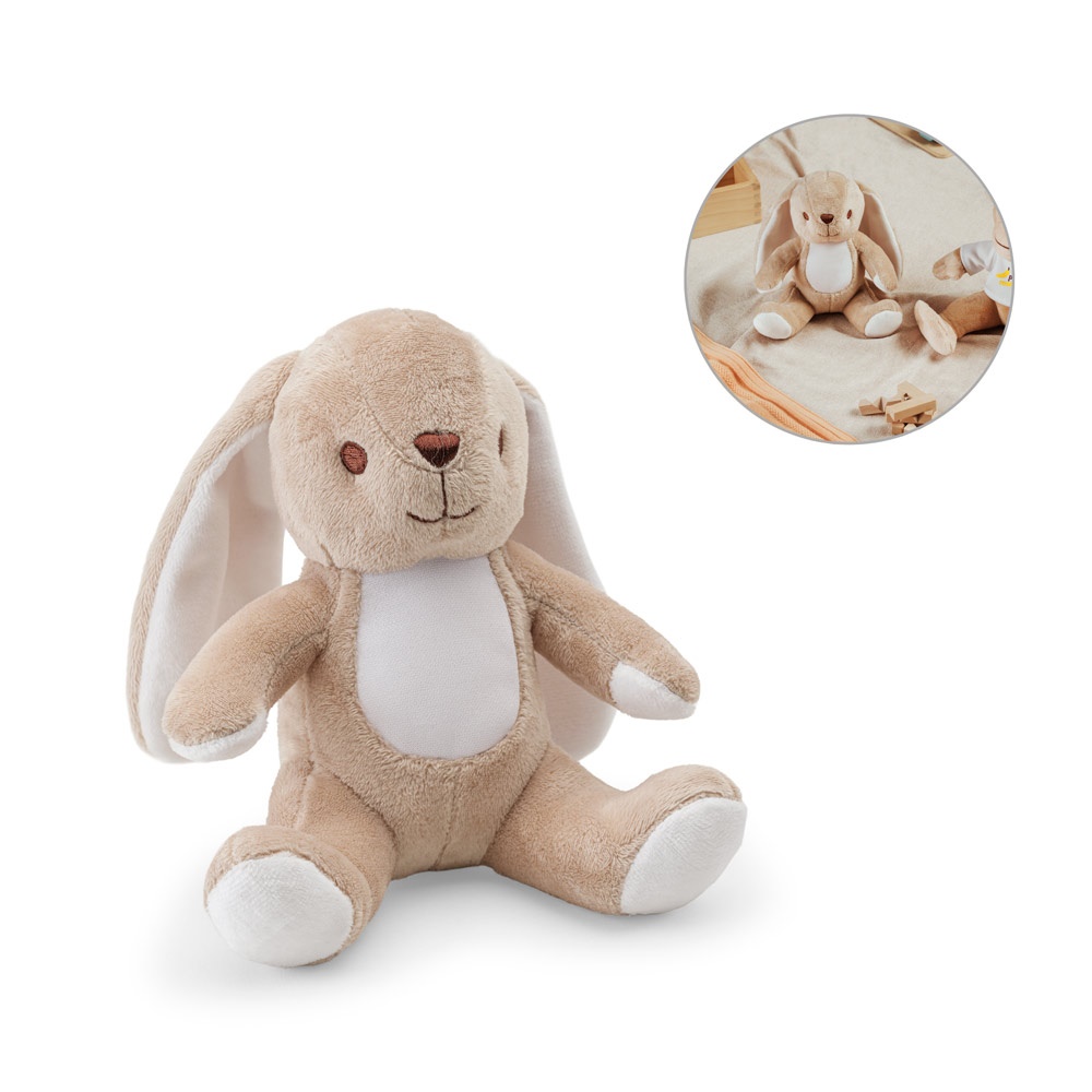 BUGS. Peluche in poliestere a forma di coniglio,con tessuto adatto alla personalizzazione