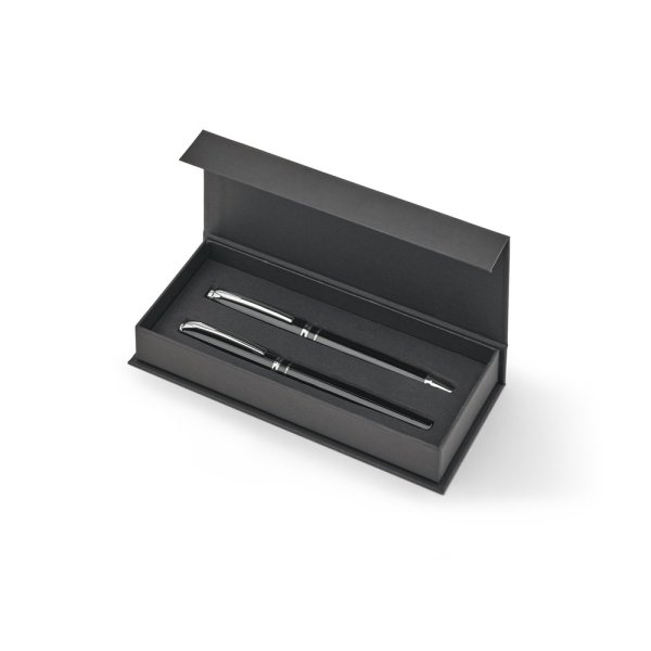 SARAMAGO. Set di alta qualità composto da una penna a sfera e una penna roller in rame e acciaio inossidabile, con inchiostro blu - 103 - Nero