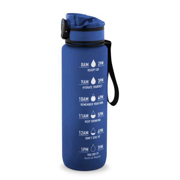 ERIKSSON. Borraccia in PET riciclato (100% rPET), con frasi motivazionali e indicazioni orarie per incoraggiare a bere acqua - 104 - Blu