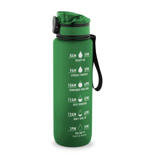 ERIKSSON. Borraccia in PET riciclato (100% rPET), con frasi motivazionali e indicazioni orarie per incoraggiare a bere acqua - 109 - Verde
