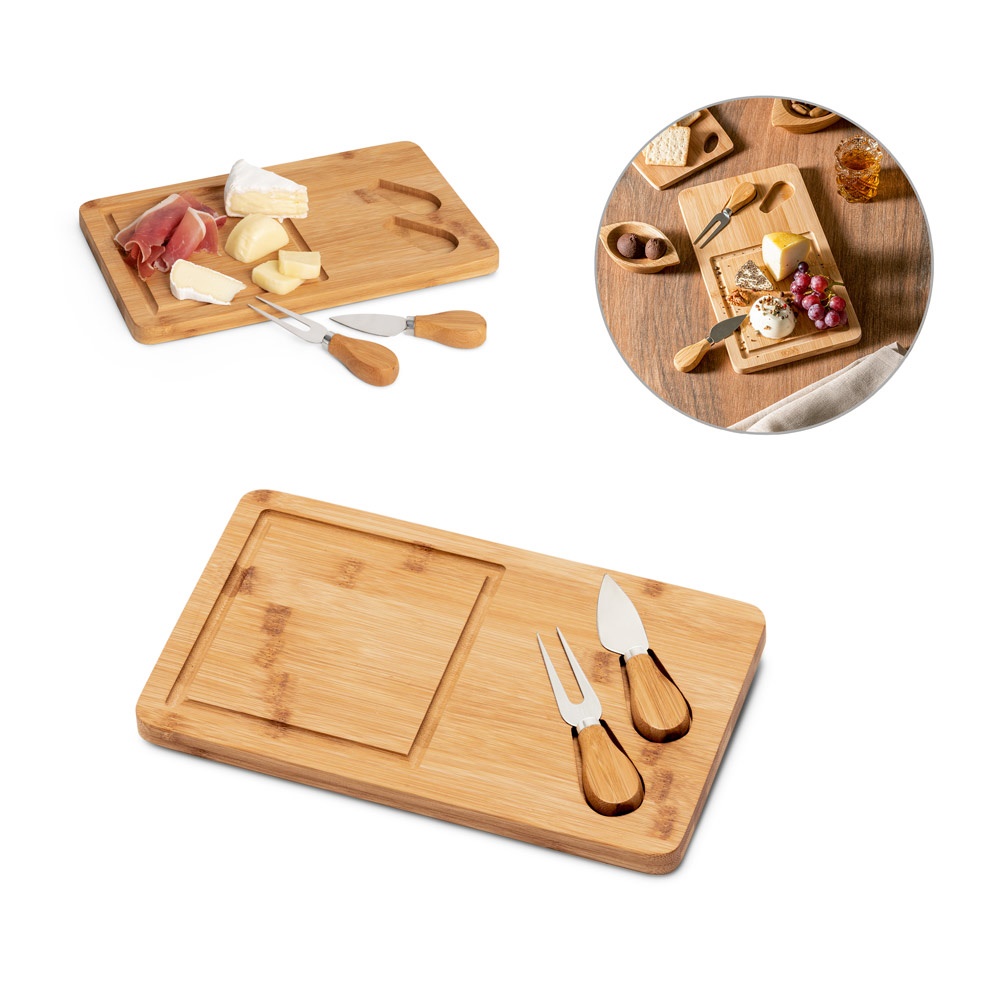 WOODS. Tagliere per formaggi in bambù con due utensili in acciaio inossidabile